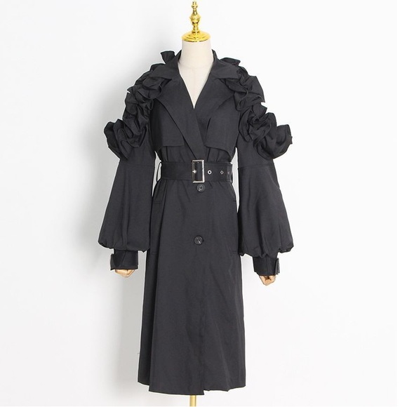 LAST ONE!! Ruffle Trim Statement Trench Coat Black - Picture 6 of 9